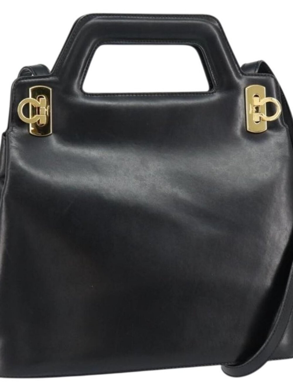Salvatore Ferragamo Gancini Hand Bag Leather 2way Black Gold Auth 155316